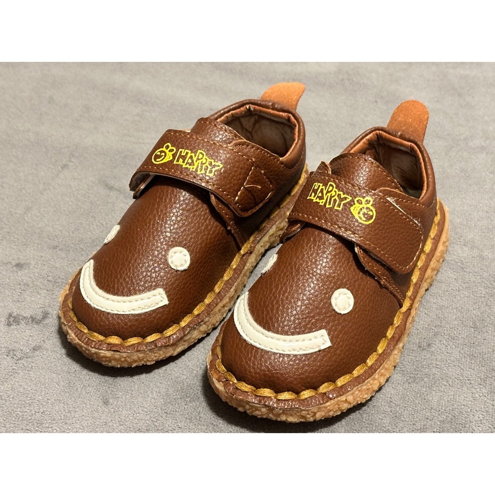 Happy Bee Toddler Shoes Brown Smiley Face Faux Leather Loafers Moe-4 Size 5